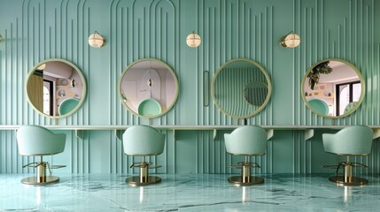 Obraz premium Retro hair salon with pastel green walls, circular mirrors, and stylish seating, isolated background, raw finish, detailed design
