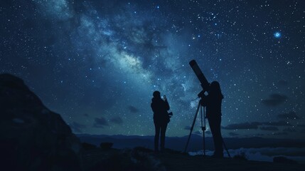 Fototapeta premium Silhouettes of astronomers with telescopes studying the starry sky, the Milky Way illuminating the dark night, ambiance scene, raw texture