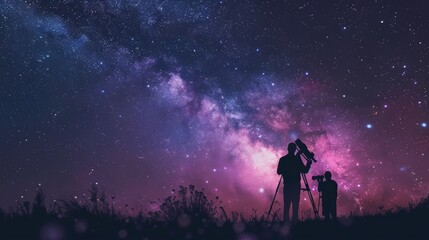 Fototapeta premium Silhouettes of scientists with telescopes exploring a night starry sky, the Milky Way glowing in the darkness, atmospheric scene, raw style