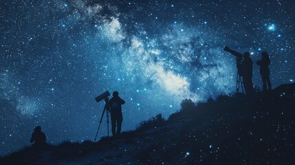 Fototapeta premium Silhouettes of scientists with telescopes exploring a night starry sky, the Milky Way glowing in the darkness, atmospheric scene, raw style