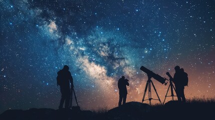 Obraz premium Silhouettes of scientists with telescopes exploring a night starry sky, the Milky Way glowing in the darkness, atmospheric scene, raw style