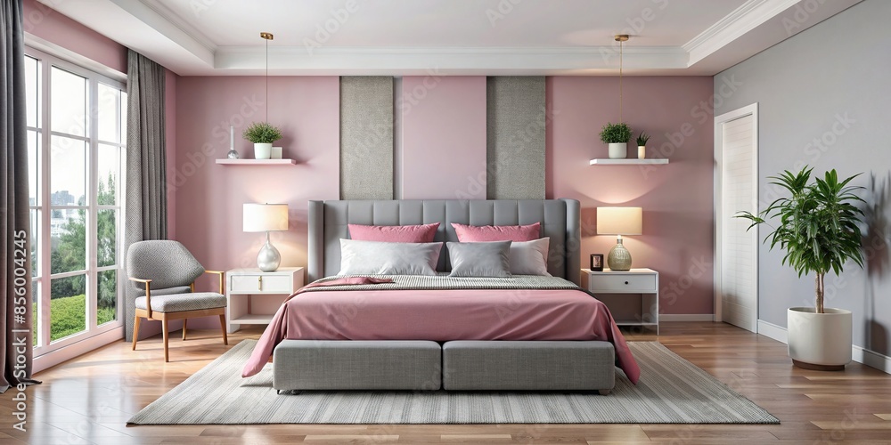 Wall mural Modern pink and gray bedroom with stylish decor , pink, gray, bedroom, modern, design, interior, decoration, contemporary, stylish - Wall murals
