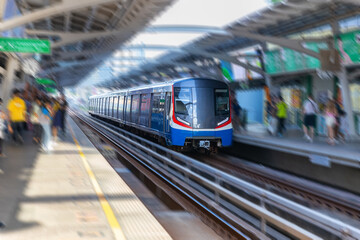 Obraz premium BKK BTS Bangkok Mass Transit System Sky train which is an elevated tram over the busy streets oh BKK Thailand 