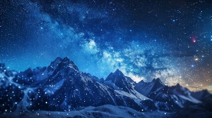 Star-filled galaxy night over rugged mountains, deep blue astronomy sky, twinkling stars creating a magical landscape, raw and vivid