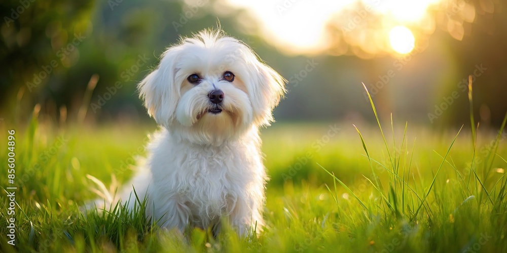 Wall mural playful maltese dog with fluffy white fur sitting on a grass field , maltese, dog, fluffy, white, pe - Wall murals