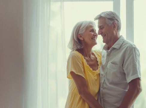 Coppia felice di uomini anziani abbracciati vicini alla finestra, uomo e donna, che si amano e sorridono. Vicini, lei con abito giallo e lui camicia bianca.