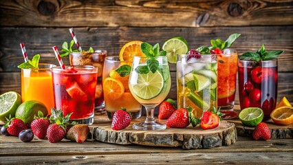 Assortment of vibrant fruit cocktails and refreshing summer drinks on rustic wooden bar , fruit,...