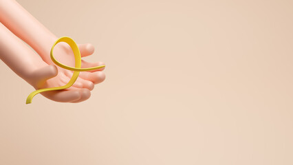 3D hand holding yellow ribbon for world suicide prevention day concept. Childhood, Sarcoma, bone and bladder cancer awareness month, Yellow ribbon for supporting people life and illness. 3d rendering