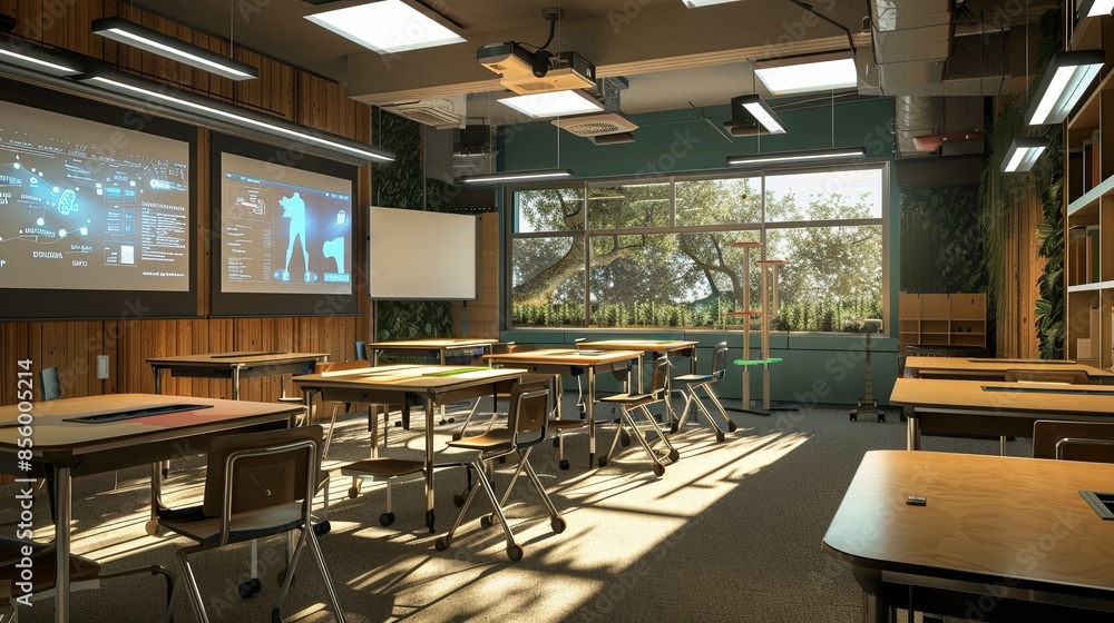 Leinwandbilder A modern and inviting classroom designed for interactive learning, equipped with large interactive panels and AI assistants, perfect for the future of education. Generative AI