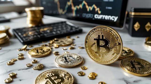  A gold coin with the words "cryptocurrency" written on it, surrounded by blockchain symbols and digital wallets. The background is white. There's also a computer next to them background - Powered by Adobe