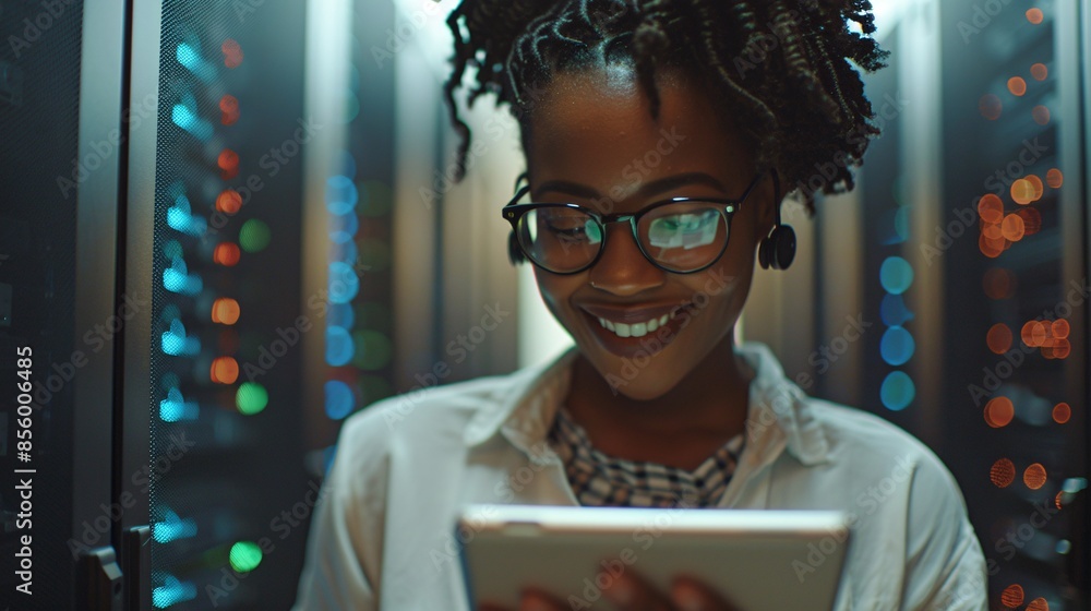 Poster an african american female computer technician appears joyful while using a tablet and working in a 
