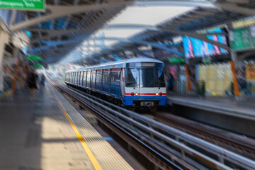 BKK BTS Bangkok Mass Transit System Sky train which is an elevated tram over the busy streets oh BKK Thailand 