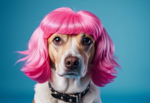 cute dog in a pink wig on a bright background. Generative ai