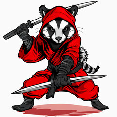 Fototapeta premium Cute Badger assassin cartoon on white background. Chibi Badger ninja cartoon