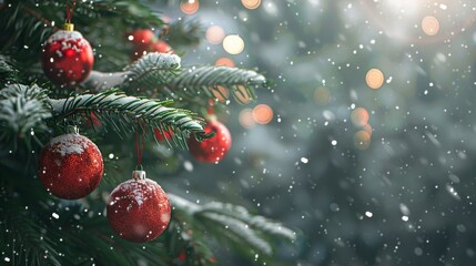 Christmas Tree with Red Ornaments and Snowfall, Generative AI