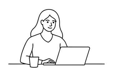 Woman using laptop computer, Vector drawing of woman with laptop continuous line art