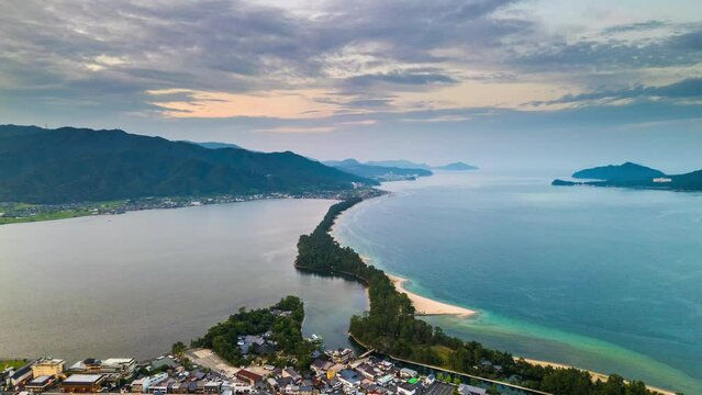 Amanohashidate, Kyoto, Japan overlooking the sandbar.