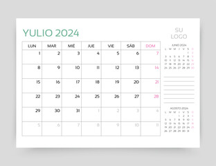 Spanish calendar for July 2024 year. Planner calender template. Week starts Monday. Monthly organizer. Desk corporate diary. Timetable layout. Table schedule grid. Vector illustration. Paper size A5