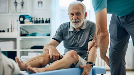 Fototapeta premium Physiotherapy, senior man and stretching for knee health, medical and consultant with injury support. Consultation, chiropractor and physical therapy with rehabilitation and care in doctor office