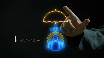 Online insurance and assurance concept for medical, health, life, family, car, home, travel and financial insurance. Businessman showing glowing neon line animated insurance icon on virtual screen.