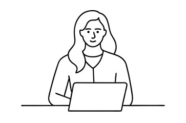 Woman using laptop computer, Vector drawing of woman with laptop continuous line art