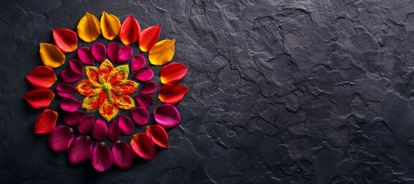 A vibrant mandala made from rose petals on a dark background, celebrating Diwali in India
