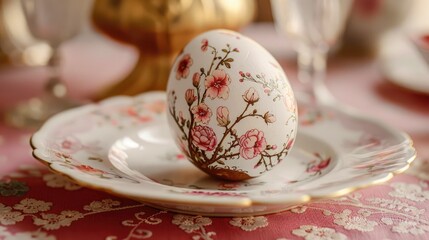 Close up of a decorated Easter egg on a plate