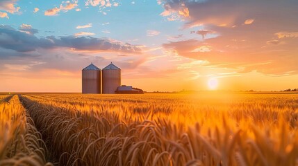 Grain silos store and dry crops such as wheat, corn, soybeans, and sunflowers. The photo shows a beautiful sunset over a wheat field in summer.