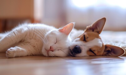 A white cat and Jack Russell Terrier dog sleeping on the floor