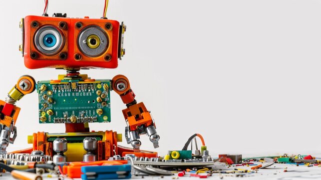 A hand-made robot, operating on the Arduino platform, is depicted against a white background, providing free space for text. This image promotes STEM education for children and teenagers.