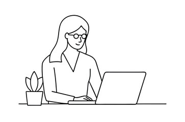 Woman using laptop computer, Vector drawing of woman with laptop continuous line art