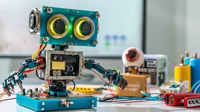 A hand-made robot, operating on the Arduino platform, is depicted against a white background, providing free space for text. This image promotes STEM education for children and teenagers.