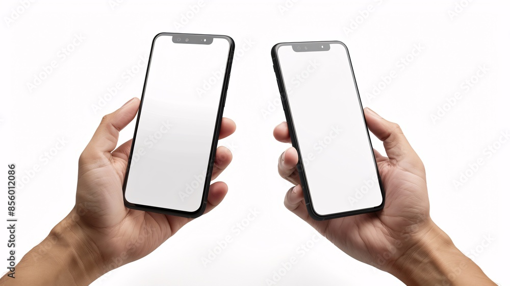 Poster a hand holds a black iphone with a blank screen and modern frameless design, shown in two rotated pe