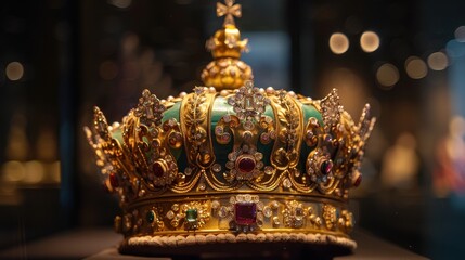 Obraz premium A golden crown with gemstones and intricate patterns, illustrating gold's historical use in royal regalia and as a store of wealth 