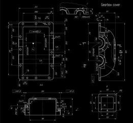 Assembly drawing of reducer cover.
Vector drawing of steel mechanical detail with
 bolted connection and dimension lines.
Engineering cad scheme. Technical template.  Cross section.   
