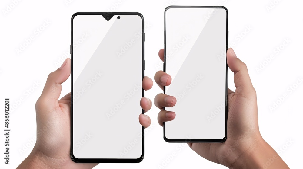 Poster a hand holds a black iphone with a blank screen and modern frameless design, shown in two rotated pe