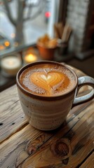 Coffee Cup with Heart-shaped Cream on Wooden Table