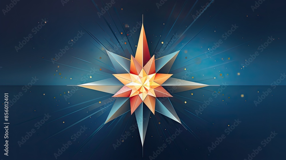 Poster a glowing 3d illustration of an eight-pointed star with aå…‰èš’ of light rays in the background.