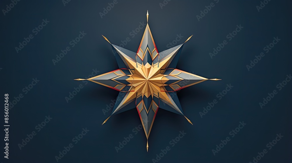 Poster this is an image of a 3d rendering of a gold and blue star. the star has eight points and is surroun