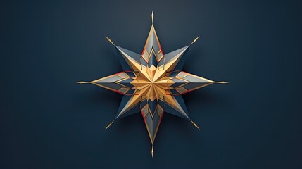 This is an image of a 3D rendering of a gold and blue star. The star has eight points and is surrounded by a dark blue background.