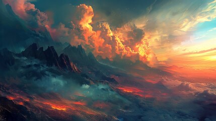 Volcanic Landscape Under a Fiery Sky