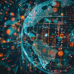 Fototapeta premium Craft a high-angle view of a pixelated globe symbolizing AI connectivity Ensure circuit overlays enhance the global influence theme