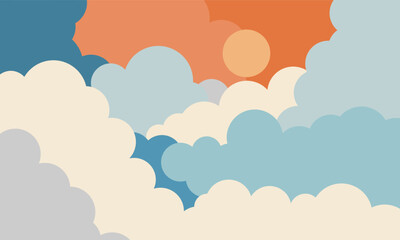 Cartoon clouds background, Sky and Clouds, Beautiful Background. Stylish design with a flat, cartoon poster, flyers, postcards, web banners. holiday mood, airy atmosphere.
