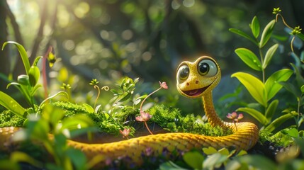 Adorable Cartoon Snake in Lush Greenery, Generative AI