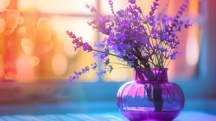 Lavender Flowers in a Purple Vase with Bokeh Background