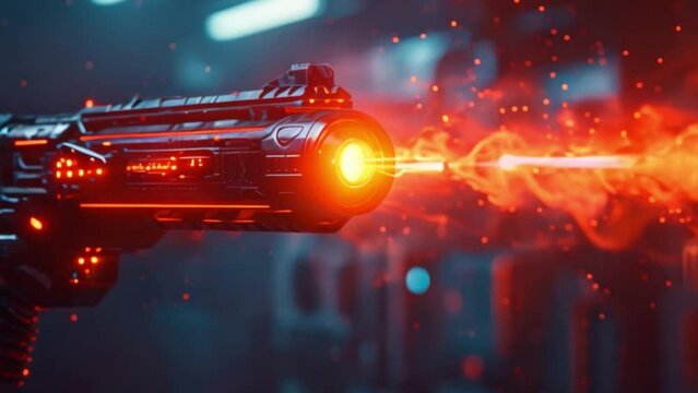 This futuristic red laser gun fires a beam of energy in a sci-fi city setting. Laser tag