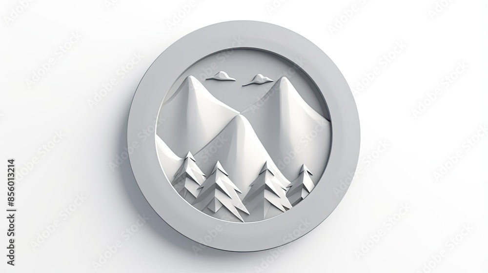 Poster gray 3d mountains with clouds and pine trees in a round frame on a white background.
