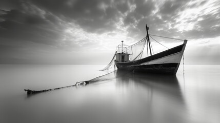 Old fishing boat with sideways extended nets on a calm sea, black and white photo, 12 mm wide angle, 16:9
