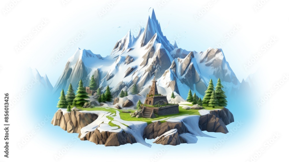 Poster a floating island with a snowy mountain and a small temple. the island is surrounded by a sea of clo