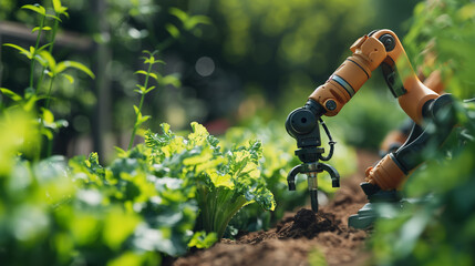 A robot arm grows vegetables in an outdoor vegetable plot. Future technology for the agricultural industry